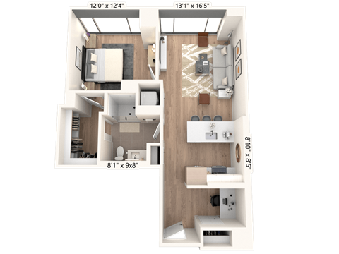 Floor plan for 1 bed, 1 bath, 762 sqft